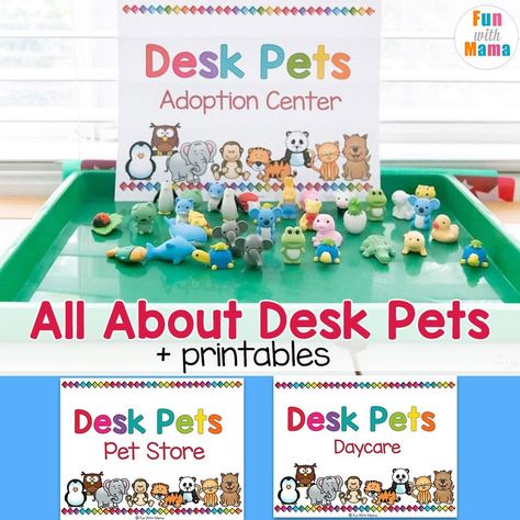 Learn more about Desk Pets, the positive reinforcement system for classrooms and homes to promote good behavior, creativity, and are fun! Free Desk Pet Printables, Desk Pet Printables, Reward System For Prek, Desk Pet Adoption Center, Desk Pet Storage Classroom, Desk Pet Shop Classroom, Desk Pet Adoption Certificate, Desk Pets Kindergarten, Pet Classroom Theme