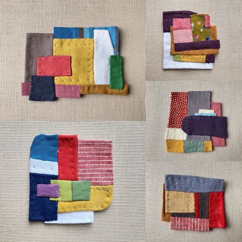 Small textile art by Barry Passchier Fabric Scraps Ideas Textile Art, Small Art Quilts Ideas, Hand Sewn Applique, Crazy Patchwork Ideas, Small Square Quilt, Fabric Collage Ideas, Patchwork Textile Art, Sewn Paper, Improv Quilting