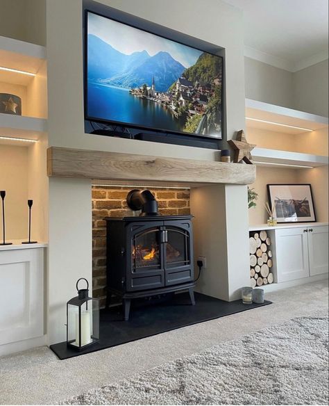 Log Burner Tv Wall, Fireplace Log Burner, Chunky Furniture, Cedar Beams, Alcove Ideas Living Room, Wood Burning Stoves Living Room, Oak Mantle, Log Burner Living Room, Lounge Room Styling