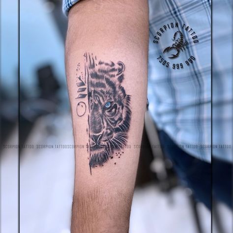 Half Animal Face Tattoo, Half Face Tattoo Ideas, Half Tiger Face Tattoo, Half Lion Tattoo, Half Tiger Face, Half Face Tattoo, Tiger Face Tattoo, Drawing Pics, Lion Tattoos