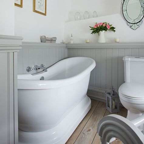 Traditional-style grey panelled bathroom | Easy bathroom transformations | bathrooms | Housetohome.co.uk Makeover Kamar Mandi, 25 Beautiful Homes, Bathroom Transformation, Cottage Bathroom, Bad Inspiration, Country Bathroom, Fa Fal, Shabby Chic Bathroom, Chic Bathrooms