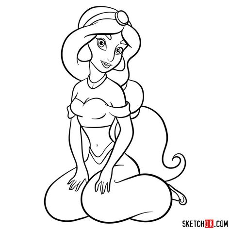 This is the second tutorial about making the drawing of Princess Jasmine. Follow the 18 steps to get your own drawing of the princess. How To Draw Princess Jasmine, Jasmine Tattoo Princess, Princess Jasmine Drawing, Princess Jasmine Tattoo, Yasmin Disney, Jasmine Silhouette, Jasmine Coloring Pages, Drawing Of Princess, Jasmine Drawing