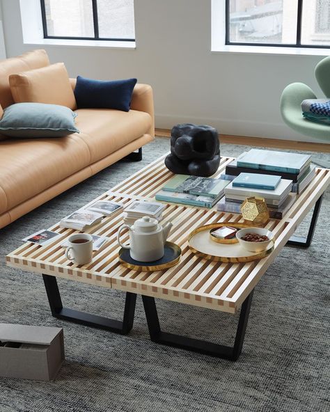 Design Within Reach on Instagram: “Lonely coffee table? Play matchmaker with a pair of Nelson Platform Benches, coupled to create one big, happy gathering place.  Now, during…” Modern Bench Design, Nelson Platform Bench, Nelson Bench, Platform Bench, Bench Coffee Table, Noguchi Coffee Table, Kitchen Lighting Design, Bench Design, Bench Designs