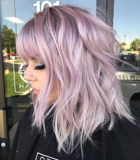 Cool Tone Pastel Hair, Blonde Hair With Lavender Money Piece, Rose Gold Grey Hair, Greyish Pink Hair, Purple Toned Blonde Hair, Peekaboo Hair Color On Short Hair, Silvery Pink Hair, Pink Lilac Hair, Funky Blonde Hair Color Ideas