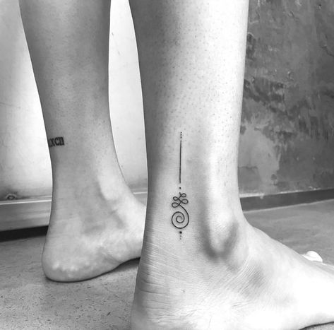 Unalome Ankle Tattoos For Women, Small Deep Tattoos, Unalome Tattoo Placement, Karma Tattoo Ideas Women, 3 Inch Tattoo, 3 Inch Tattoo Ideas, Tattoos Unalome, Inch Tattoo Ideas, Bali Tattoo Ideas