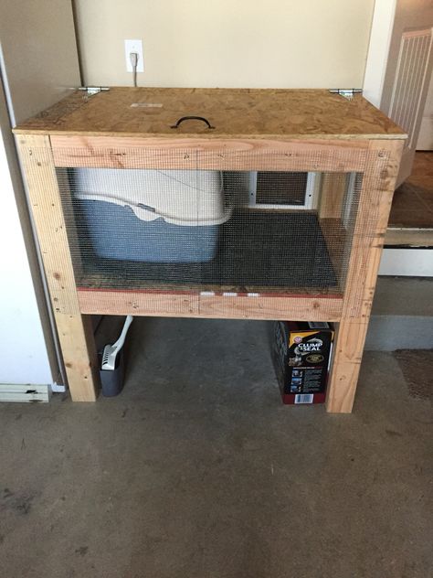 Cat enclosure. Door from our laundry room into the garage. Keeps the litter box out of the house! Laundry Litter Box Ideas, Cat Litter Box In Pantry, Litter Box Garage, Hidden Litter Box Ideas Laundry Rooms, Cat Litter Box Ideas For Garage, Cat Litter Box Catio, Garage Litter Box Enclosure, Garage Cat Litter Box Ideas, Laundry Room With Litter Box Ideas