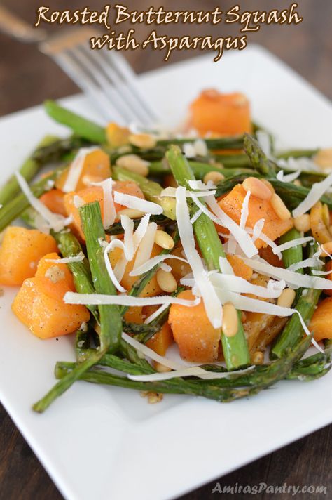 Roasted butternut squash with asparagus is a quick, easy and healthy side dish to accompany any buffet you have this holiday season. Butternut Squash Ideas, Squash Ideas, Vegetables Side Dishes, Oven Roasted Butternut Squash, Best Healthy Recipes, Butternut Squash Cubes, Recipes Vegetables, Arabic Recipes, Asparagus Recipes