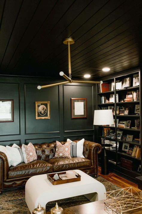 Manly Study Office, Comfortable Lobby Design, Green And Black Basement, Irish Snug Room, Gentlemen’s Office, French Inspired Office Space, Masculine Commercial Office, Whiskey Room Home Office, Moody Poker Room