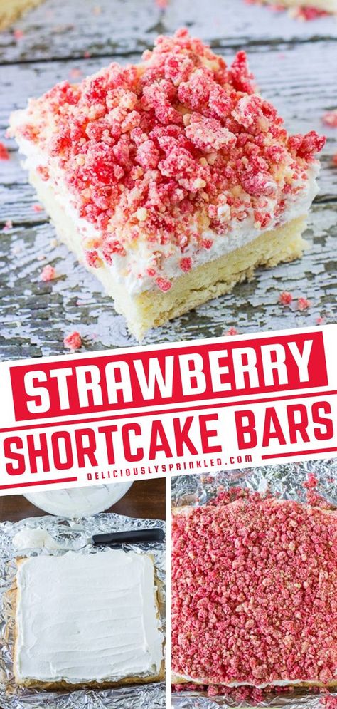 Strawberry Desserts For Birthday, Strawberry Shortcake Inspired Dessert, Strawberry Shortcake Brownies Recipe, Strawberry Shortcake Recipes Easy, Homemade Strawberry Shortcake Cake, Strawberry Good Humor Cake, Strawberry Cheesecake Crumble Bars, Birthday Desserts For A Crowd, Strawberry Shortcake Bar Cake