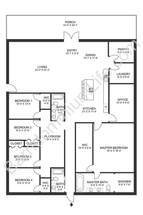 The Seven Best 4 Bedroom Barndominium Floor Plans with Pictures 4 Bedroom Barndominium, Barn Homes Floor Plans, Barndominium Plans, Pole Barn House Plans, Bedroom Barndominium, Barn Style House Plans, 4 Bedroom House Plans, Floor Plan 4 Bedroom, Barndominium Floor Plans