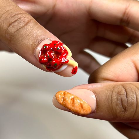 A moment of awe for this delicious set 🤤 Pasta is one of my favorite meals and have to have bread on the side! #nailfies #nailpicture #uniquenails #crazynailart #brownnails💅 #rednails♥️ #frenchbread #spaghetti🍝 #handmadenailart #3dsculpture #3dnailsdesign #roundnails #gelnailsart #presson #gelpressonnails #glueonnails #athomemanicure #nailsonfire Breakfast Nail Art, Bread Nails, Dessert Nails, Crazy Nail Art, Toasted Bread, Nail Pictures, Favorite Meals, Round Nails, Brown Nails