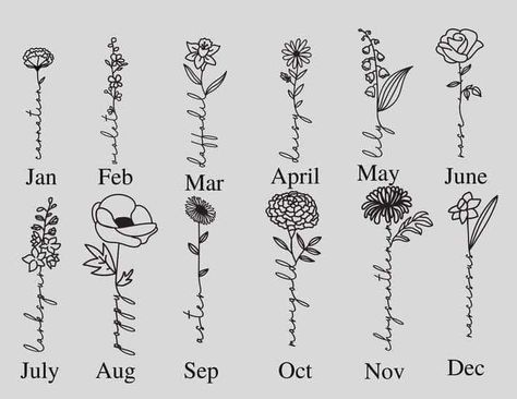 Birth Sign Flowers, Tulip With Name Tattoo, Flower Tattoo Types, Flower Tattoos For Family, Birth Flower Sign, Tattoo Remembering Grandma, May Birth Flower Tattoo With Name, March Flower Tattoo With Name, Names In Flowers Tattoo