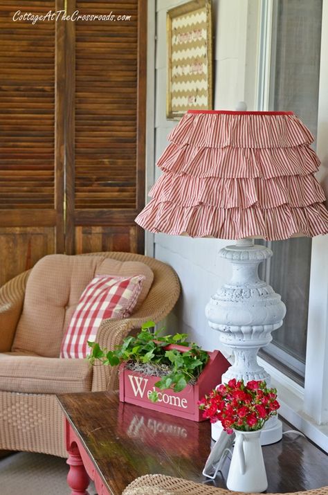 Red Ticking Ruffled Shade | Cottage at the Crossroads Diy Ruffle, Porch Sitting, Country Porch, Red Cottage, Summer Porch, Diy Outdoor Decor, Casa Exterior, The Crossroads, Diy Lamp Shade