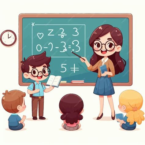 Premium Vector | A picture of children with a teacher and a chalkboard with the numbers 1 and 3 Teacher Pictures Cartoon, Teacher Picture, Teacher Cartoon, Cartoon Pictures, Stationery Templates, Poster Maker, Business Card Maker, Flyer Maker, Card Banner