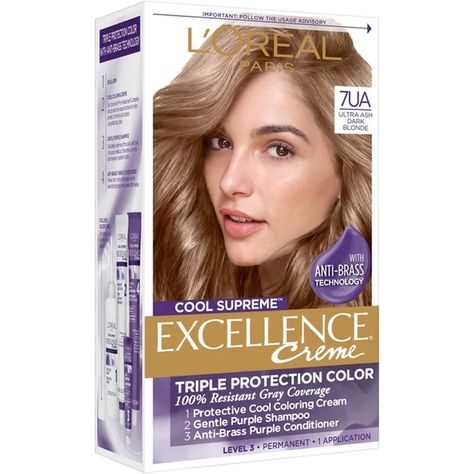 L'Oreal Hair Color, Ultra Ash Dark Blonde, 7UA Ash Dark Blonde, Home Hair Color, Purple Conditioner, At Home Hair Color, Gorgeous Hair Color, Home Hair, Medium Blonde, Gray Coverage, Purple Shampoo