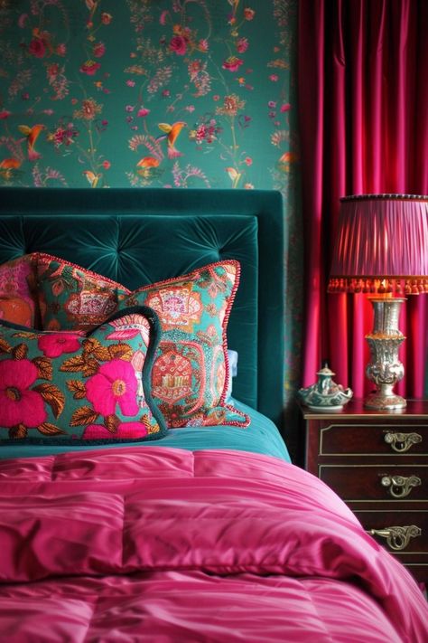 Magenta Bedrooms, Saudi House, Pink And Teal Bedroom, Jewel Toned Bedroom Decor, Teal And Pink Bedroom, Hot Pink And Teal, Colourful Bedroom, Colourful Lounge, Decor Ideas For Living Room