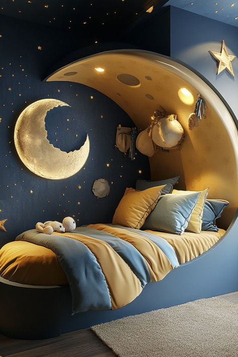 Why not add some dark paint, space theme decor items and neon lights to create the dreamiest space theme rooms your child will love. Space Theme Interior, Space Theme Rooms, Girls Space Themed Bedroom, Space Room For Boys, Kids Space Bedroom, Space Theme Bedroom, Space Theme Decor, Boys Space Room, Outer Space Room