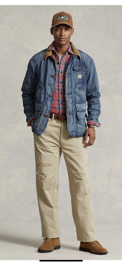 Utility Jacket Outfit, Denim Utility Jacket, Red Checked Shirt, Madras Shirt, Worker Boots, Streetwear Men, Ralph Lauren Denim, Streetwear Men Outfits, Check Shirt