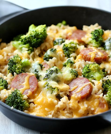 Cheesy Kielbasa, Rice, and Broccoli Skillet Recipe - Kielbasa Rice And Broccoli, Kilbasa Sausage Recipes, Easy Kielbasa Recipes, Sausage Broccoli Pasta, Kielbasa Rice, Cheesy Kielbasa, Broccoli Sausage, Broccoli Skillet, Kielbasa Pasta