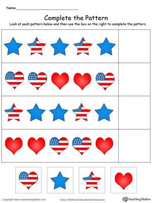 **FREE** Patriotic Complete the Pattern in Color Worksheet. Complete the pattern of the hearts and stars in this patriotic printable worksheet in color. 4th Of July Preschool Theme, Patriotic Preschool Crafts, Patriotic Preschool Activities, 4th Of July Worksheets Preschool, 4th Of July Preschool, Fourth Of July Preschool Activities, Memorial Day Worksheets For Preschool, Patriotic Activities, Memorial Day Activities