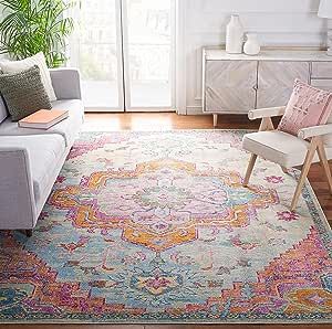 SAFAVIEH Crystal Collection Area Rug - 8' x 10', Light Blue & Fuchsia, Medallion Distressed Design, Non-Shedding & Easy Care, Ideal for High Traffic Areas in Living Room, Bedroom (CRS501B) Office Area Rugs, College House, College Room, Bedroom Area Rug, Moroccan Area Rug, Medallion Rug, Floral Area Rugs, Transitional Rugs, Crystal Collection