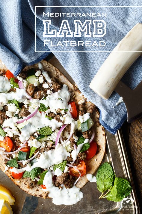 Mediterranean Lamb Flatbread | sharedappetite.com  An easy weeknight dinner pizza recipe featuring lots of fresh Greek flavors including a dynamite Tzatziki sauce! Lamb Flatbread Recipes, Lamb Flatbread, Mediterranean Lamb, Healthy Weeknight Dinners, Greek Flavors, Spicy Honey, Flatbread Recipes, Flatbread Pizza, Eastern Cuisine