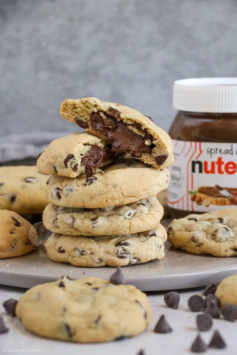 Nutella Stuffed Cookies! - Jane's Patisserie Valentine Baking Recipes, Nutella Stuffed Cookies, Food Definition, Nutella Cream, Cream Filled Cookies, Cookies With Chocolate Chips, Janes Patisserie, Cookies With Chocolate, Stuffed Cookies