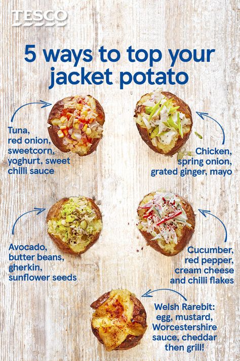 Stuck for jacket potato topping ideas? Go beyond beans and cheese with our simple yet delicious toppings for the ultimate jacket potato. How about a Welsh Rarebit recipe or vegan bean and avocado... | Tesco Garlic Stuffed Jacket Potatoes, Healthy Jacket Potato, High Protein Jacket Potato, Vegan Jacket Potato, Jacket Potatoes Recipes, Stuffed Jacket Potato Recipes, Healthy Baked Potato Toppings, Jacket Potatoes Fillings, Jacket Potato Toppings