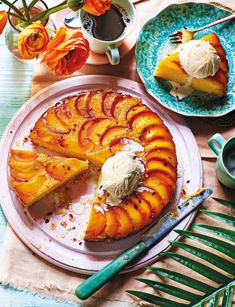 Peach Cornbread, Magazine Recipe, Cornbread Cake, Scoop Of Ice Cream, Honey Cornbread, Cornbread Recipe, American Recipes, Corn Cakes, Peach Cake