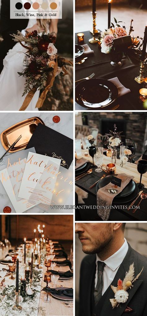 Black Rust And Gold Wedding, Black And Brown Wedding Decor, Black Copper White Wedding, Cinnamon And Black Wedding, Edgy Elegant Wedding, Black Copper Wedding Color Palettes, Black Copper Cream Wedding, Brown And Black Wedding Colors, Modern Fairytale Wedding Theme