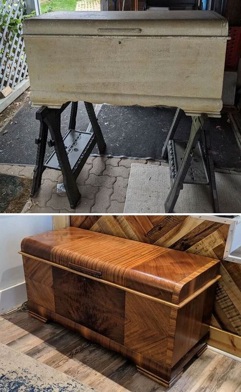 Restore Trunk Chest, Restore Cedar Chest, Repurpose Hope Chest, Refinished Hope Chest Ideas, Antique Hope Chest, Redoing An Old Cedar Chest, Cedar Chest Redo Before After, Hope Chest Decorating Ideas, Refinishing Cedar Chest