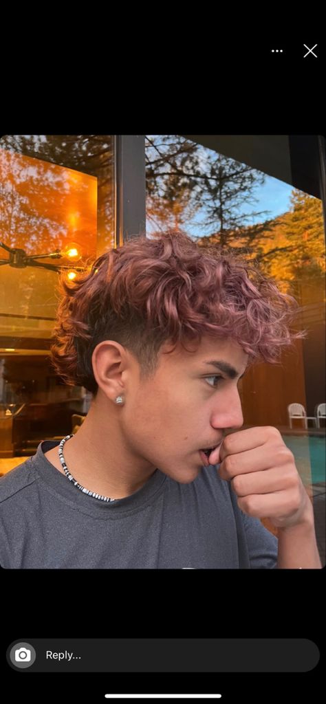 Peach Curls Men, Curly Hair Colour Ideas Men, Mens Dyed Hair Ideas Curly, Colored Curly Hair Men, Men Red Dyed Hair, Man Hairstyle Color, Mullet Hair Dye Men, Men Dyed Hair Ideas Brown, Hair Colour For Curly Hair Men