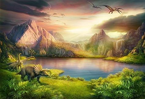 Dinosaur Photography, Birthday Party Backdrop, Scene Background, Photography Studio Background, Forest Mountain, Landscape Background, Dino Party, Tree Photography, Lake Landscape