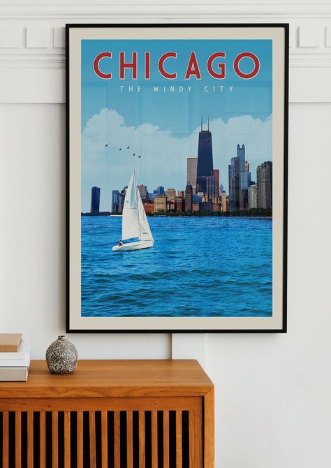 This stylish vintage travel poster is one of a kind. Perfect for the mid-century modern home, this piece of art will make you want to pack your bags and explore the world.Whether buying this print for yourself or giving as a gift to your favorite traveler, it would also look great in an office, dorm room, or anywhere else where there's a need for adventure! Chicago Vintage, Chicago Wall Art, Chicago Poster, Wall Art Travel, Apartment Art, Poster Shop, Mid Century Modern Home, Vintage Travel Poster, The Windy City