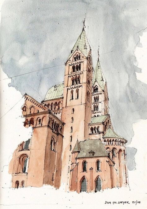 Artist:  Florian Afflerbach  –  Media:  Pencil and Watercolor Speyer Cathedral Drawing, Speyer Cathedral, Landscapes Sketches, Travel Sketching, House Drawings, Pencil And Watercolor, Portrait Artists, Drawing Architecture, Urban Sketches