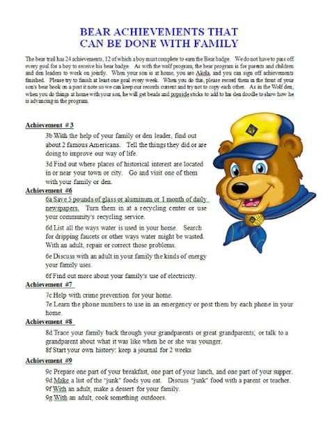 Akela's Council Cub Scout Leader Training: PRINTABLE & EDITABLE Bear Achievements That Need To Be Done With The Family Cub Scout Bear Requirements, Cub Scout Games, Boy Scout Activities, Cub Scouts Wolf, Scout Games, Cub Scouts Bear, Tiger Scouts, Wolf Scouts, Bear Scouts