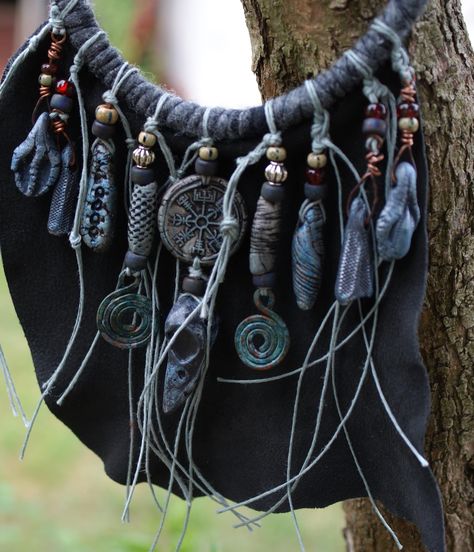 Organic tribal, pagan necklace with a lot of shamanic amulet porcelain beads, bird skull, Helm of Awe (made by me) - based on a black leather. Total length of this necklace is c/a 50 cm. Witchy Beaded Jewelry, Shaman Clothing, Shaman Necklace, Florida Jewelry, Organic Necklace, Helm Of Awe, Pagan Necklace, Weird Jewelry, Rustic Necklace