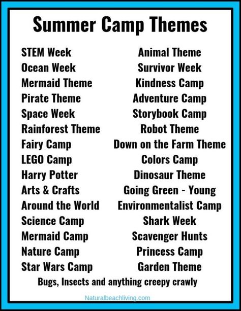 30+ Summer Camp Themes - The Best Summer Themes for Kids - These 30+ Summer Camp Themes and Descriptions will give you fun activities and ideas to fill your days with exciting Summer Themes. Summer Camp Theme Ideas for Preschoolers and youth camp, This page is full of great summer themes to explore nature, arts and crafts, Science, STEM, ocean activities, kindness and so much more. Summer Themes For Kids, Summer Camp Theme Ideas, Camp Theme Ideas, Summer Daycare, Preschool Summer Camp, Camp Themes, Summer Camp Themes, Ideas For Preschoolers, Summer Themes