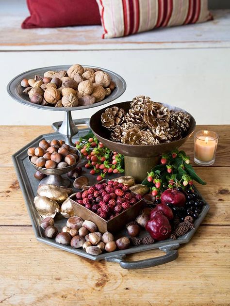 Beautiful Fall Living Rooms Nut Display Ideas, Bethlehem Decorations, Nut Platter, Christmas Nuts, Assorted Nuts, Silver Platters, Fruit Display, Fall Living Room, Veggie Tray