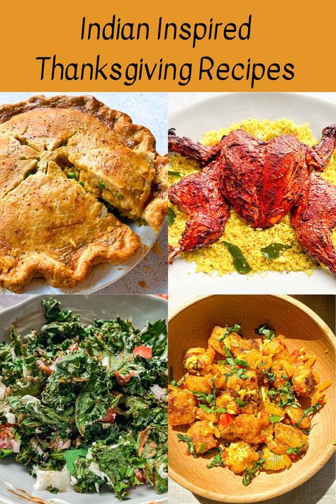 A Thanksgiving menu crafted with Indian recipes like samosa pot pie or crispy kale chaat that spice up the traditional holiday meal. Thanksgiving Asian Recipes, Thanksgiving Indian Recipes, Desi Thanksgiving Recipes, Indian Thanksgiving Recipes, Christmas Dinner Vegetarian, Thanksgiving Recipes Vegetarian, South Indian Tomato Chutney, Thanksgiving Potluck Recipes, Indian Thanksgiving