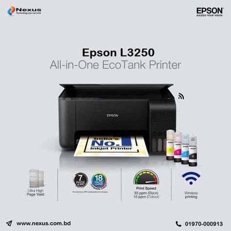 Epson EcoTank L3250 Wi-Fi All In One InkTank Printer *Printing Method: Epson Micro Piezo™ print head *Printing Resolution: 5,760 x 1,440 DPI *All-in-One Functions: Print, Scan, Copy *Multifunction: 100 Sheets Standard *Bluetooth Version: 5.2 *WARRANTY: 1 Year Warranty