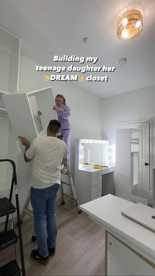 433K views · 80K reactions | Let’s build my teenage daughter’s ✨DREAM✨ closet in less than 24 hours 🥲 We recently remodeled our dining room into a bedroom for our oldest daughter. Because of this, there was no build-in closet system in the room which means we had to take things into out own hands… with the help of @modularclosets 😉. Today we are turning this blank wall into a MASSIVE closet, complete with a vanity and all. Stay tuned for the rest! 🤩 #roommakeover #closetmakeover #modularclosets #iwantamodularcloset #closetorganization #closetsystem #wallcloset | Jessica Skube | jesssfam · Original audio Turn Room Into Closet, Closet And Vanity Room Ideas, Massive Closet, Modular Closets, Oldest Daughter, Wall Closet, Build A Closet, Teenage Daughters, Closet Makeover