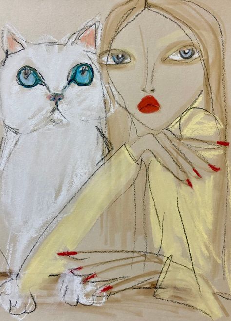 Cat And Woman, Grace Atwood, Blair Breitenstein, Mixed Media Drawing, Media Drawing, Pick Art, Oversized Art, Salon Business, Fashion Art Illustration