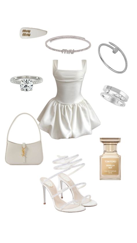 #whitedress #minidress #heels #whitegold #tomfordfragrances Fancy White Outfits, White Bow Outfit, Going To A Wedding Outfit, White Dress Birthday Outfit, White Dress Outfit Aesthetic, White Heels Aesthetic, Dress And Heels Outfit, 90s Model Style, White Spring Dress