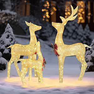 Christmas Deer Lights, Outdoor Christmas Decorations Lights, Deer Light, Holiday Yard Decor, Holiday Yard Decorations, Pine Leaves, Reindeer Silhouette, Christmas Reindeer Decorations, Deer Family