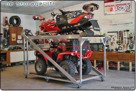 Garage Atv Storage, Garage Photos, Storage Lift, Garage Organisation, Garage Lift, Storage Shed Organization, Garage Workshop Organization, Four Wheeler, Garage Storage Solutions