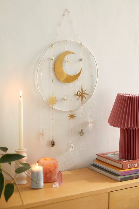 Wall Décor | Mirrors + Wall Hangings | Urban Outfitters Gold Dreamcatcher, Crystal Wall Hanging, Golden Moon, Energy Protection, Clay Diy Projects, Star And Moon, Angel Aura Quartz, Oval Wall Mirror, Star Chain