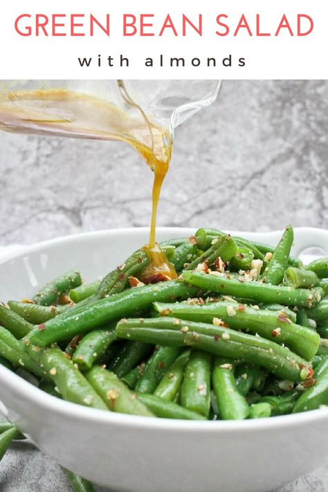 This vegetarian Green Bean Salad with Almonds (Green Bean Almondine) is made with fresh green beans, almonds, and a quick homemade honey mustard dressing. Serve it warm or cold for an easy side dish Green Beans Almonds, Homemade Honey Mustard Dressing, Bean Food, Salad Sides, Salad With Almonds, Green Bean Salad Recipes, Green Beans With Almonds, Green Beans Almondine, Green Bean Salad