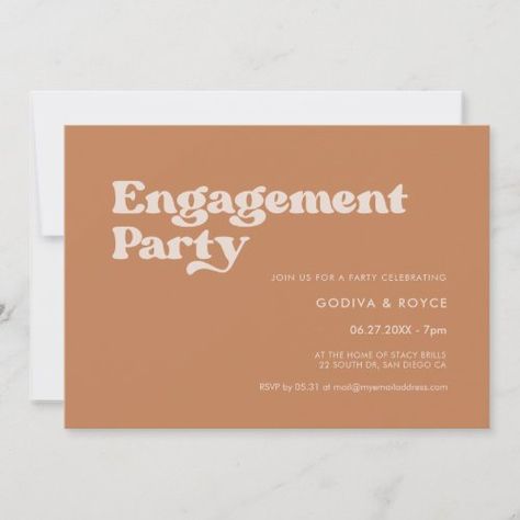 $3.08 | Stylish retro brown sugar Engagement party #engagement party, brown sugar, boho, fall, retro vintage, elegant stylish, modern simple, chic, desert, modern Orange Engagement Party, Engagement Party Invitation Cards, Elegant Engagement Party, Retro Wedding Invitations, Orange Terracotta, Orange Party, Engagement Party Decorations, Retro Wedding, Engagement Party Invitations