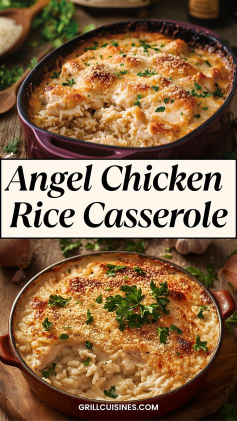 Try our Angel Chicken Rice Casserole, featuring main ingredients like diced chicken, creamy rice, Colby Jack cheese, and a special blend of Italian herbs for a delightful twist on grandma’s classic recipe. Perfect for fall dish, gatherings, crowd and partys. Rice Casseroles, Angel Chicken, Chicken And Rice Dishes, Chicken Rice Casserole, One Pan Chicken, Chicken Casserole Ideas, Chicken Casserole Recipes For Dinner, Rice Casseroles, Cheap Casserole Recipes, Casserole Recipes For Dinner, Easy Chicken Casserole, Casserole Ideas, Angel Chicken, Chicken Casserole Recipes